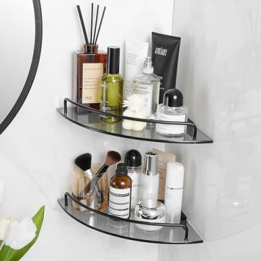 Imagem de Voldra 2 Prateleiras de Canto de Vidro para Banheiro - Prateleira de Chuveiro - Vidro Temperado Preto - Montagem na Parede - 24 cm x 24 cm x 2,36 cm