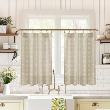 Imagem de Cortinas geométricas de cozinha boho para linho pequenas cortinas de café de camada neutra banheiro RV 61 cm de comprimento