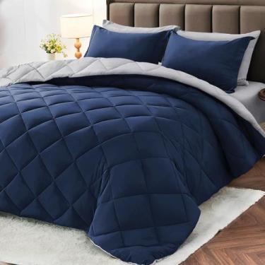 Imagem de Conjunto de edredom MUXHOMO Queen Size 7 peças reversível azul/cinza