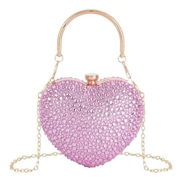 Imagem de Reberomantique Bolsa feminina em formato de coração com strass brilhante para festa de casamento, coquetel, formatura, bolsa de ombro a tiracolo, rosa, Mini