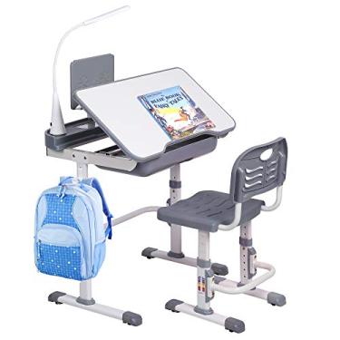 Imagem de SMAGREHO Conjunto de mesa e cadeira para crianças, mesa de estudo escolar com altura ajustável com mesa inclinada, luz LED, gaveta de armazenamento, suporte de livros cinza