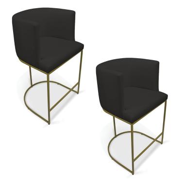 Imagem de Kit 2 Banquetas Paola Linho Base Metálica Dourada - D'rossi Cor A79 Preto