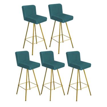 Imagem de Kit 05 Banqueta Alta Lexi Com Encosto Cozinha Bar Balcão Bistrô Ferro Dourado Suede Azul Turquesa