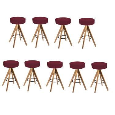 Imagem de Kit 09 Banqueta Alta Redonda Giratória Delia Madeira Balcão Bistrô Cozinha Suede Bordô - Amey Decor