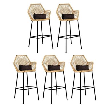 Imagem de Kit 05 Banqueta Alta Com Encosto Sttar Balcão Ferro Preto Fibra Palha Almofada Corino Marrom