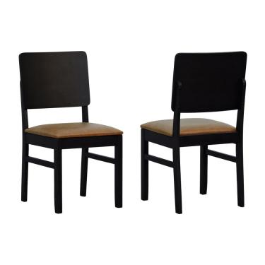 Imagem de Kit 2 Cadeiras Quéops Madeira Maciça Encosto Anatômico Assento Estofado - Preto Corano Marrom Mescla