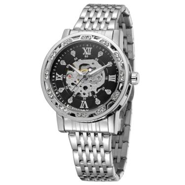 Imagem de FORSINING Relógio cronógrafo masculino automático de aço inoxidável, fácil leitura, esqueleto, diamante, luxuoso, à prova d'água, numerais romanos, Prateado, preto, Clássico