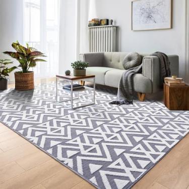 Imagem de OHWPEAT Tapetes macios felpudos para sala de estar, tapetes de espuma de memória de 15 x 23 cm para quarto, tapete geométrico interno grande e fofo moderno para decoração de casa de Natal, tapete lavável, tapete de chão, cinza/branco