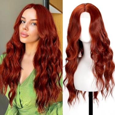 Imagem de SHINLEA Peruca Ruiva Para Mulheres, 26" De Comprimento, Cabelo Ondulado, Rendado, Parte Central, Fibra Sintética Aparência Natural, Resistente Ao Calor, Uso Diário, Festa, Halloween E Cosplay