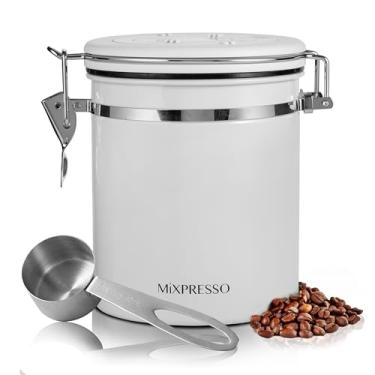Imagem de Mixpresso Lata De Café Branca, Recipiente Hermético Aço Inoxidável 16 Oz Para Armazenamento Alimentos Cozinha Com Rastreador Data E Colher Moído, Grãos, Chá, Farinha, Cereais, Açúcar Selado A Vácuo