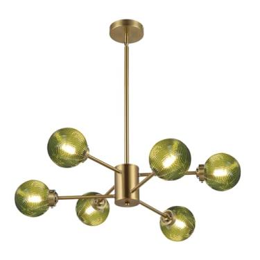 Imagem de Qepeety Lustre Dourado, Vidro Verde, Luminárias Pendentes Modernas De Meados Do Século, Sputnik Metal Para Sala Jantar, Estar Com 6 Luzes