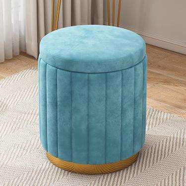 Imagem de Velvet Vanity Stool com armazenamento, otomano redondo, descanso de pé estofado com conforto, banqueta de maquiagem do quarto para o quarto das meninas, azul, 34x34x44cm (13x13x17in)