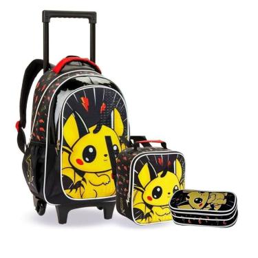 Imagem de Kit Mochila Rodinhas Lancheira Infantil Pikachu Pokémon Escolar Estojo Denlex