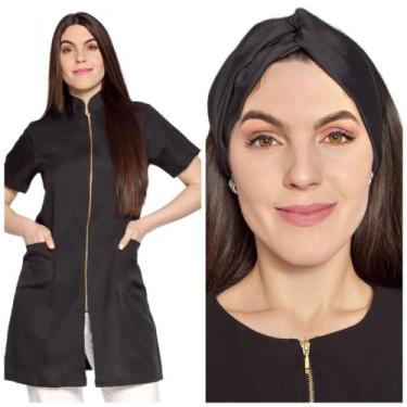 Imagem de Jaleco Feminino Manga Curta Ziper + Turbante Malta Preto - Gardenia Ja