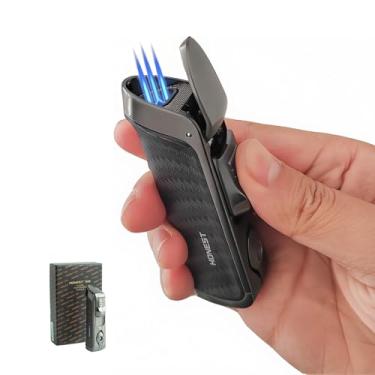 Imagem de Isqueiro de tocha de butano recarregável, perfurador embutido, janela de gás visível a jato triplo, caixa de presente com chama ajustável (sem gás)