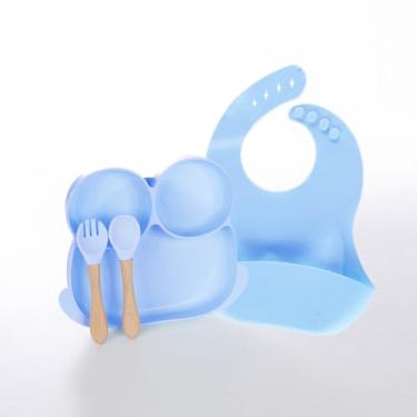 Imagem de Kit 4 Peças De Introdução Alimentar Infantil Autoalimentação Silicone Com Ventosa Desmame Termossensível Ergônomico Prato Talher Babador Transição Treinamento (Azul)