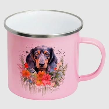 Imagem de Caneca de Inox Esmaltada Rosa Premium - CACHORRO DACHSHUND PRETO E MARROM FLORES