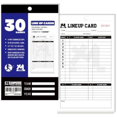 Imagem de Inwerk 1NMORE Cartas de escalação de beisebol/softbol/basquete, cópias sem carbono em 4 partes, 30 jogos/conjuntos, 25 jogadores alinham folhas com tabela para treinadores e árbitros, 12 x 20 cm
