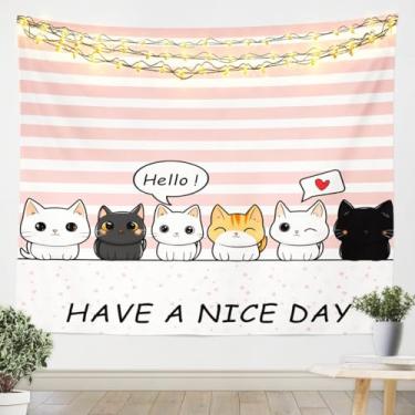 Imagem de jejeloiu Tapeçaria para pendurar na parede de gato de desenho animado grande 150 x 208 cm tapeçaria com estampa de gatos para crianças, meninos, meninas, cobertor de parede fofo, decoração de gato,