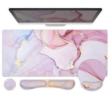 Imagem de Ovenbird Conjunto de mouse pad 4 em 1 | Mouse pad grande para jogos, apoio de pulso para teclado, suporte de pulso para mouse, porta-copos | Acessórios ergonômicos de mesa de escritório para mulheres