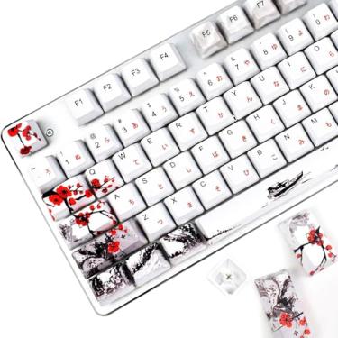 Imagem de MOLGRIA Conjunto de 110 teclas para teclado mecânico de tamanho completo, teclas de perfil OEM PBT personalizadas, fonte japonesa com puxador de tecla para Cherry MX 104/87/71/61 60% teclado (Plum Blossom)
