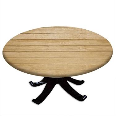 Imagem de Toalha de mesa redonda com borda elástica, estampa de textura de prancha de madeira, design de impressão 3D, para mesas de jantar, festas de buffet e acampamento, adequada para mesa de 91 cm