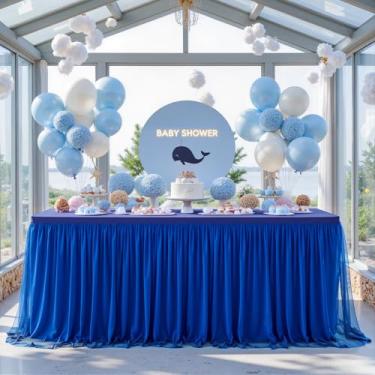 Imagem de Toalhas de mesa azul royal para festas, saias de mesa de tule, retangulares, 1,8 m, capas de mesa elásticas de elastano, banquete, casamento, chá de bebê, festa de aniversário, toalhas de mesa