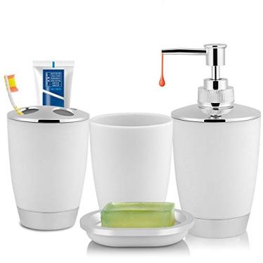 Imagem de Diydeg Conjunto de Acessórios do Banheiro, 4pcs/conjunto de Acessórios de Terno de Banheiro Inclui Cálculos de Escape de Dentes de Dentes Dispensador de Louça, Dispensador de Sabão, (Branco)