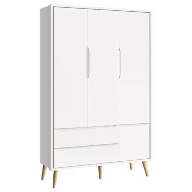 Imagem de Dormitório Theo 3 Portas, Cômoda 3 Gavetas com Pés Madeira Natural e Colchão D18 - Reller Móveis Branco