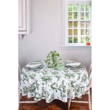 Imagem de Toalha de Mesa Redonda em Tecido Jacquard Estampado Toile de Jouy Verd