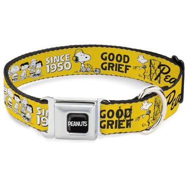 Imagem de Coleira para animais de estimação Peanuts Worldwide LLC, coleira de cachorro, fivela de cinto de segurança de metal, Peanuts Gang Since 1950 Good Grief Group Pose Amarelo Preto, 38 a 61 cm de largura
