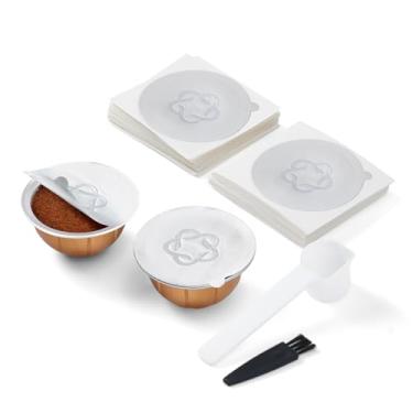 Imagem de Tampas de alumínio para cápsulas reutilizáveis Nespres*o Vert*o, selos de alumínio para refil de cápsulas de café, compatíveis com máquina Nespre*o Ver t*oLine (200 tampas, 1 colher e 1 escova)