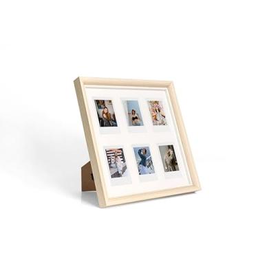 Imagem de Moldura quadrada, 6 mini expositores de fotos, moldura de madeira natural, tapete branco, suporte de parede ou mesa