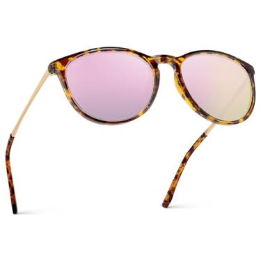 Imagem de WearMe Pro Óculos de sol redondos polarizados para mulheres - proteção UV400, armação leve, estilo retrô vintage, Armação tartaruga/lente rosa espelhada, One Size