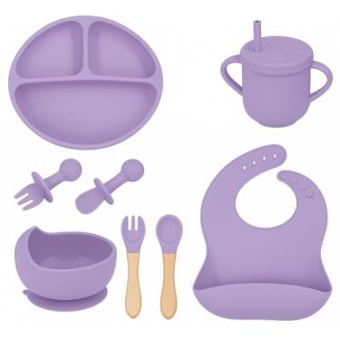 Imagem de Kit Introdução Alimentar Bebê 8 Peças Silicone – Livre de BPA, Atóxico, Antibacteriano – Colher, Garfo, Copinho, Pote e Pratinho – Seguro, Colorido e Flexível (Roxo)