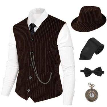 Imagem de Fantasia masculina anos 20, fantasia masculina dos anos 20, conjunto de acessórios, fantasia de Gangster Gatsby, roupas masculinas dos anos 20, Listras Br&w, M