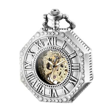 Imagem de BOSHIYA Relógio de bolso mecânico vintage para homens, luminoso, steampunk, com corrente, mostrador esqueleto preto, números romanos, relógio de bolso, presentes para o dia dos pais, octógono - prata