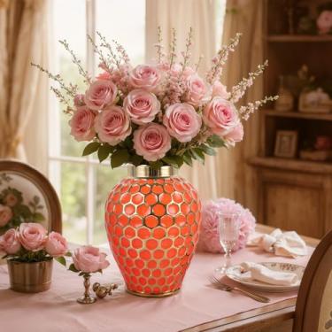 Imagem de Jarra de gengibre de 30 cm, vaso grande de cerâmica laranja e dourado com tampa, decoração de casa, martelo moderno de meados do século, vaso de flores decorativo para centros de mesa, casamentos