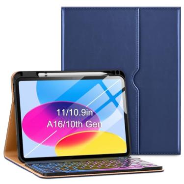 Imagem de VIKESI Capa com teclado para iPad 10ª geração de 10,9 polegadas (lançado em 2022), capa inteligente de couro premium, luz de respiração integrada, fileira de funções, porta-lápis, compartimentos para