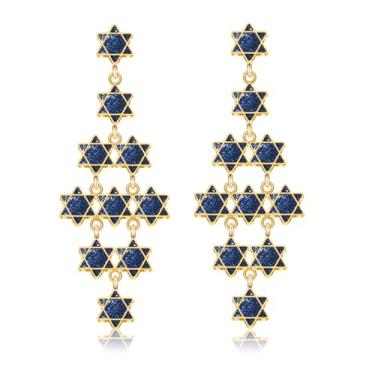 Imagem de Brincos de Hanukkah com strass azul estrela de Davi festival de luzes pendentes religiosos judaicos brincos de Hanukkah joias presentes, Large, Metal, Sem pedra preciosa