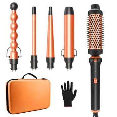 Imagem de GSKY Modelador De Cachos 5 Em 1, Modelador De Cachos Com 5 Peças De 0,5 A 1,25 Polegadas Com Escova Térmica, Cilindro De Cerâmica Intercambiável Com Estojo, Luva Protetora De Calor, 2 Clipes, Model