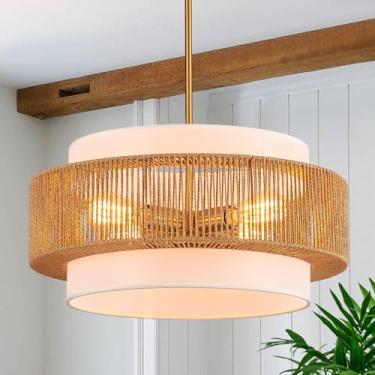 Imagem de Widluth Lustre de vime de 50 cm com linho moderno boho tecido à mão lustre de bambu luminária retro fazenda tambor vime vime lustres dourados para sala de jantar, cozinha, sala de estar, hall de