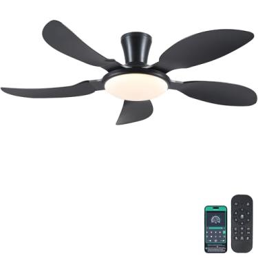 Imagem de PHORUS Ventiladores de teto de perfil baixo de 132 cm com luzes e controle remoto, ventiladores de teto pretos com motor CC reversível silencioso, montagem embutida moderna, luz de LED para quarto e