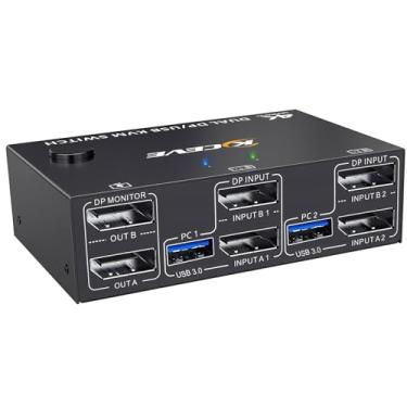 Imagem de KCEVE KVM Switch 2 monitores 2 computadores 4K @144Hz, Displayport KVM Switch Dual Monitor para 2 computadores compartilham 2 monitores e 4 dispositivos USB 3.0, com controle remoto com fio