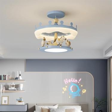 Imagem de OUFULA Nordic Moderno Quarto Infantil Lâmpada Pendente LED Personalizado Criativo Carrossel Quarto da Menina Jardim de Infância Decoração Luz (A D48H43CM Azul)