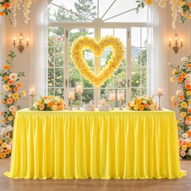 Imagem de Roupa de mesa amarela para mesas retangulares de 1,8 m, toalha de mesa ajustada resistente a amassados com saias plissadas para banquete, casamento, chá de bebê, mesas dobráveis