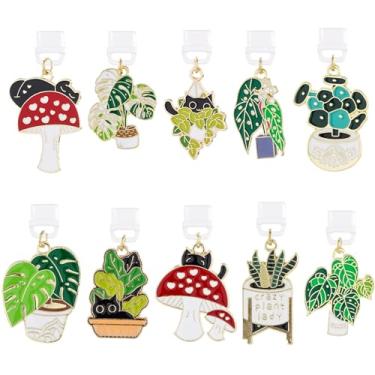 Imagem de TAKEALOOKO Pingentes de plugue de poeira para Kindle - 10 peças de pingentes pretos de gato e plantas, capas de porta de carregamento tipo C/USB-C para telefone e e-reader, presentes de livros para