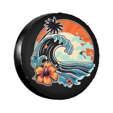 Imagem de LOJAOGON Capa de pneu sobressalente retrô Sunset Beach Protetores de roda à prova de poeira capa de pneu para trailer, trailer, areia muitos veículos 43.2 cm