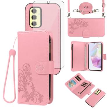 Imagem de Asuwish Capa de celular para Samsung Galaxy A35 5G carteira com zíper magnética destacável com protetor de tela de vidro temperado alça transversal alça de flor porta-cartão A 35 35A A355G feminino