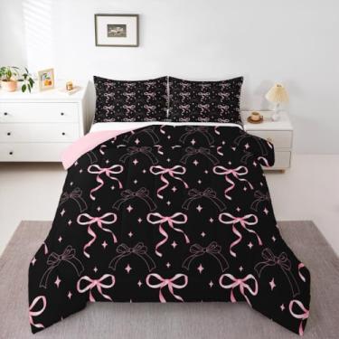 Imagem de Erosebridal Conjunto de edredom com laço rosa, tamanho solteiro, preto, nó de borboleta, para adultos, homens, meninos, borboleta, colcha, estética, desenho geométrico, decoração de quarto